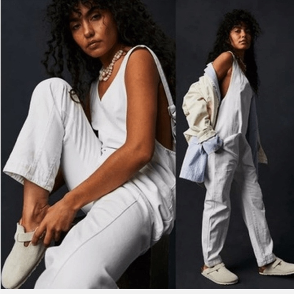Free People High Roller Denim Jumpsuit Overalls in Optic White | M